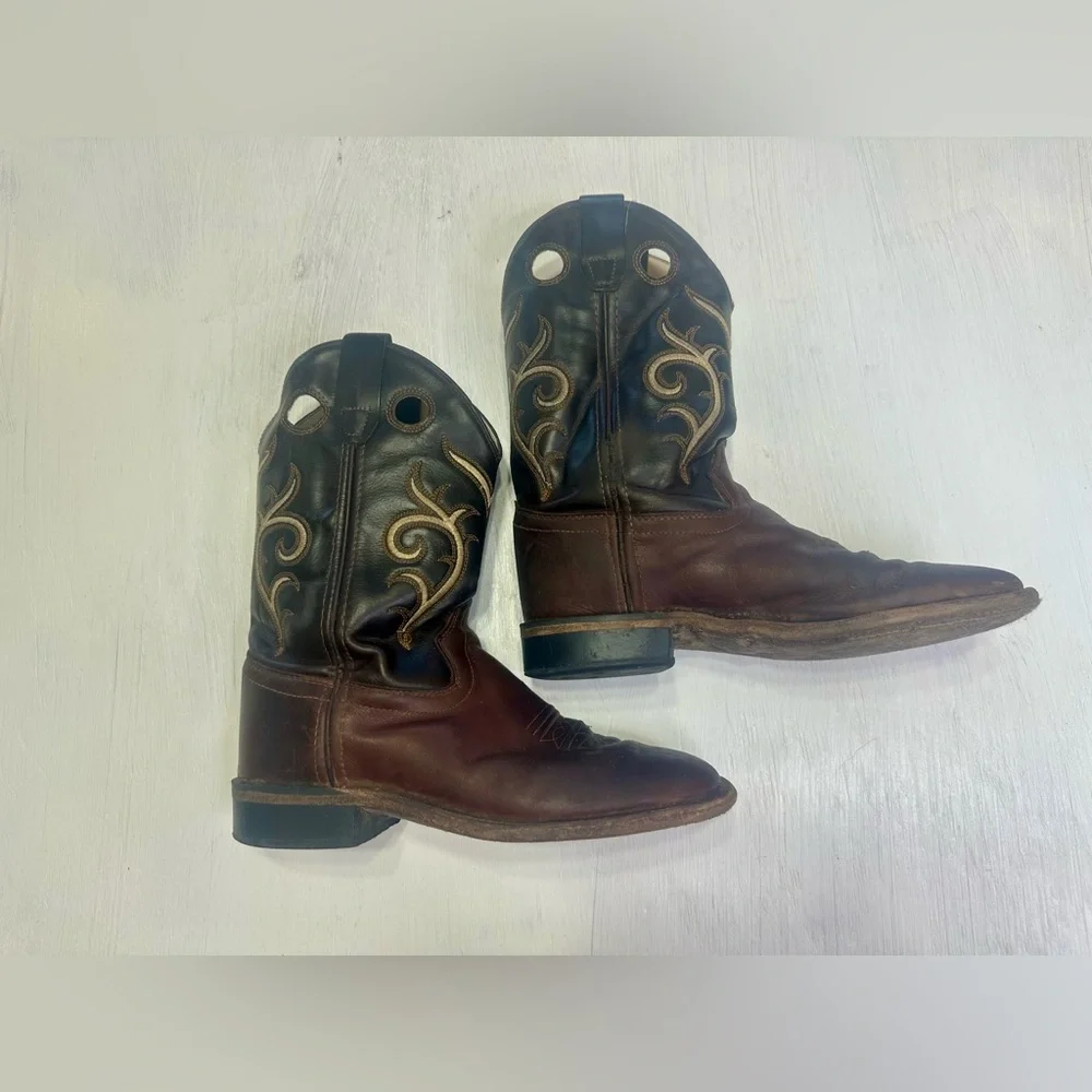 Old West Kids Cowboy Boots Brown Leather Square Toe Western Youth Size 3D